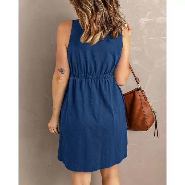BTFBM Women Sleeveless Summer Dress 2024 Crewneck Ribbed Knit Ruffle Swing Button Down Beach Sun Mini Tank Short DressesButtons Royal Blue