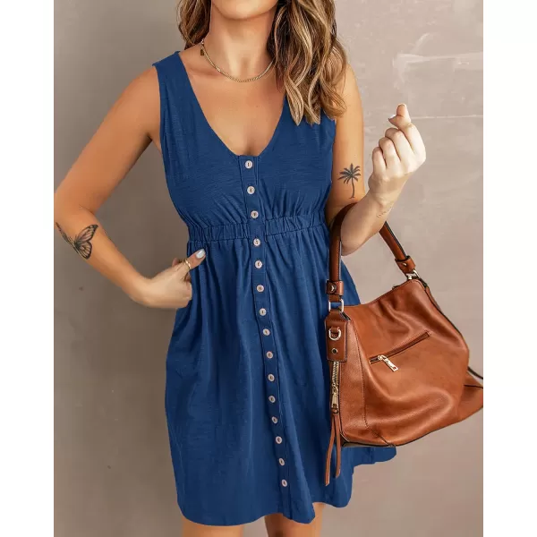 BTFBM Women Sleeveless Summer Dress 2024 Crewneck Ribbed Knit Ruffle Swing Button Down Beach Sun Mini Tank Short DressesButtons Royal Blue