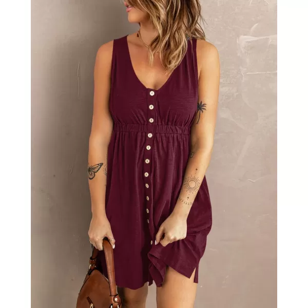 BTFBM Women Sleeveless Summer Dress 2024 Crewneck Ribbed Knit Ruffle Swing Button Down Beach Sun Mini Tank Short DressesButtons Wine Red