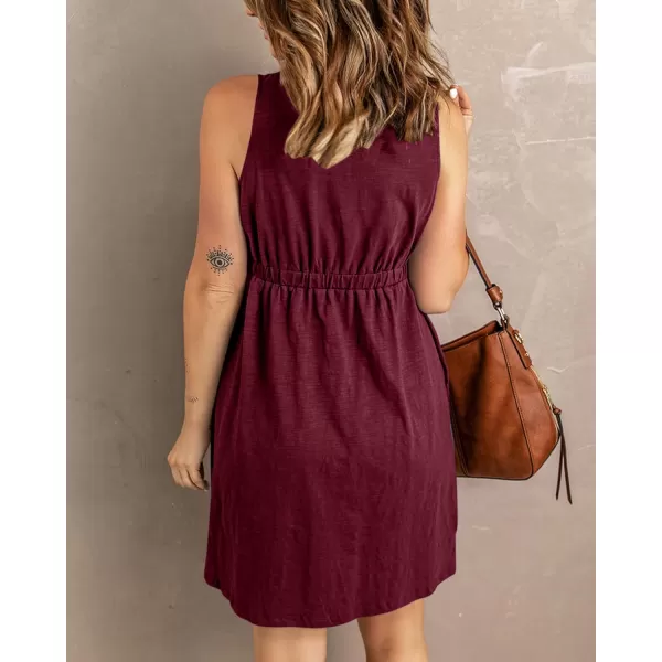 BTFBM Women Sleeveless Summer Dress 2024 Crewneck Ribbed Knit Ruffle Swing Button Down Beach Sun Mini Tank Short DressesButtons Wine Red