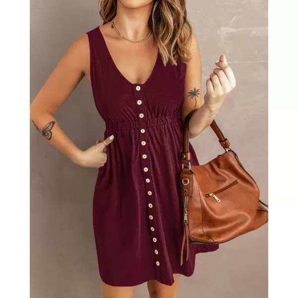 BTFBM Women Sleeveless Summer Dress 2024 Crewneck Ribbed Knit Ruffle Swing Button Down Beach Sun Mini Tank Short DressesButtons Wine Red