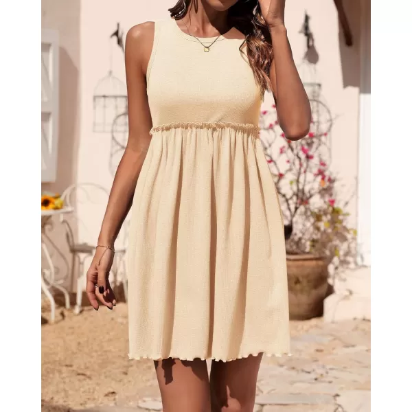BTFBM Women Sleeveless Summer Dress 2024 Crewneck Ribbed Knit Ruffle Swing Button Down Beach Sun Mini Tank Short DressesSolid Apricot