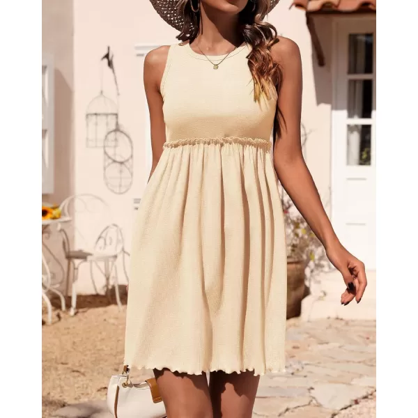 BTFBM Women Sleeveless Summer Dress 2024 Crewneck Ribbed Knit Ruffle Swing Button Down Beach Sun Mini Tank Short DressesSolid Apricot