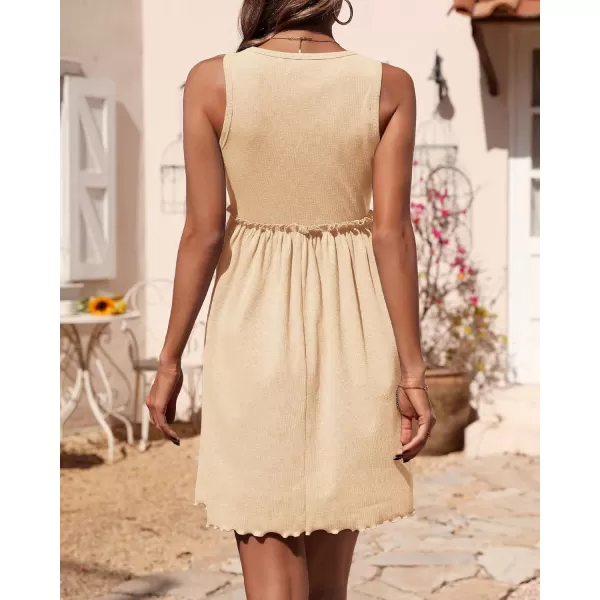 BTFBM Women Sleeveless Summer Dress 2024 Crewneck Ribbed Knit Ruffle Swing Button Down Beach Sun Mini Tank Short DressesSolid Apricot