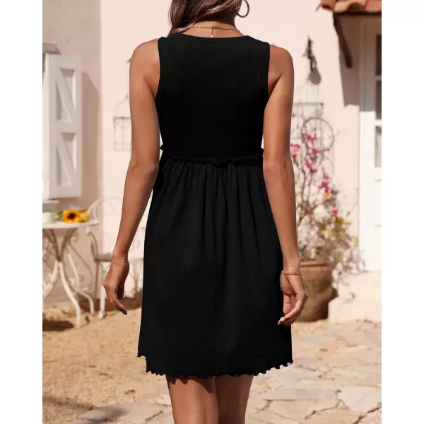 BTFBM Women Sleeveless Summer Dress 2024 Crewneck Ribbed Knit Ruffle Swing Button Down Beach Sun Mini Tank Short DressesSolid Black