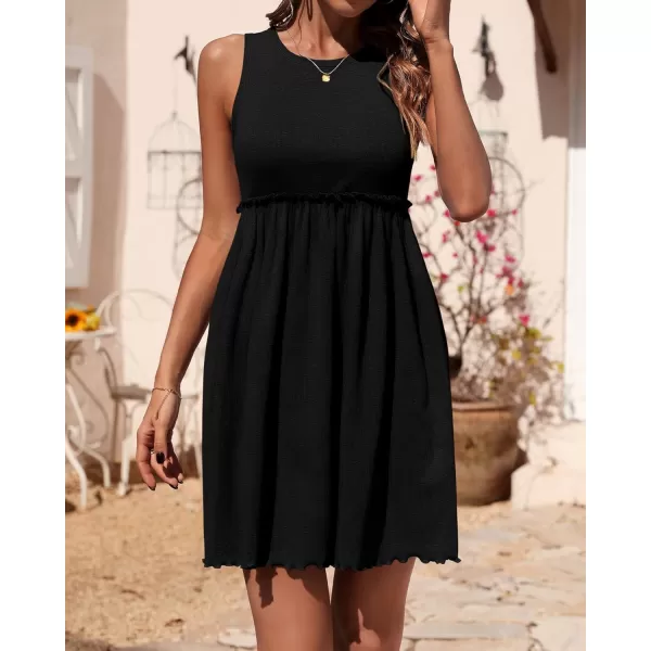 BTFBM Women Sleeveless Summer Dress 2024 Crewneck Ribbed Knit Ruffle Swing Button Down Beach Sun Mini Tank Short DressesSolid Black