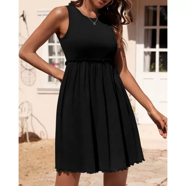 BTFBM Women Sleeveless Summer Dress 2024 Crewneck Ribbed Knit Ruffle Swing Button Down Beach Sun Mini Tank Short DressesSolid Black