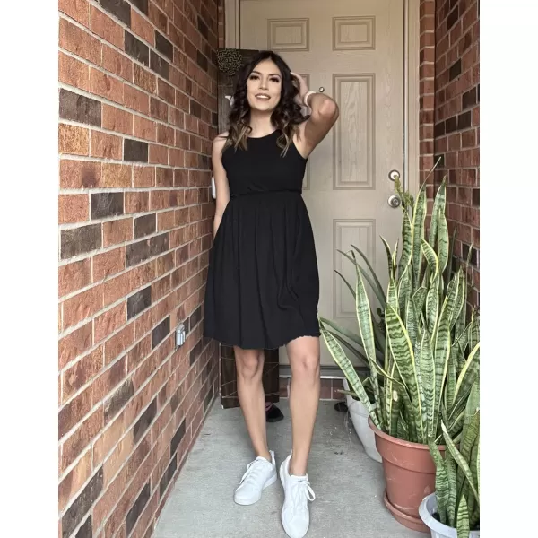 BTFBM Women Sleeveless Summer Dress 2024 Crewneck Ribbed Knit Ruffle Swing Button Down Beach Sun Mini Tank Short DressesSolid Black