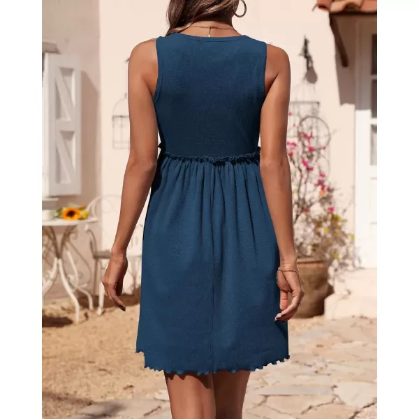 BTFBM Women Sleeveless Summer Dress 2024 Crewneck Ribbed Knit Ruffle Swing Button Down Beach Sun Mini Tank Short DressesSolid Blue