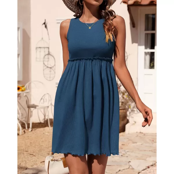 BTFBM Women Sleeveless Summer Dress 2024 Crewneck Ribbed Knit Ruffle Swing Button Down Beach Sun Mini Tank Short DressesSolid Blue