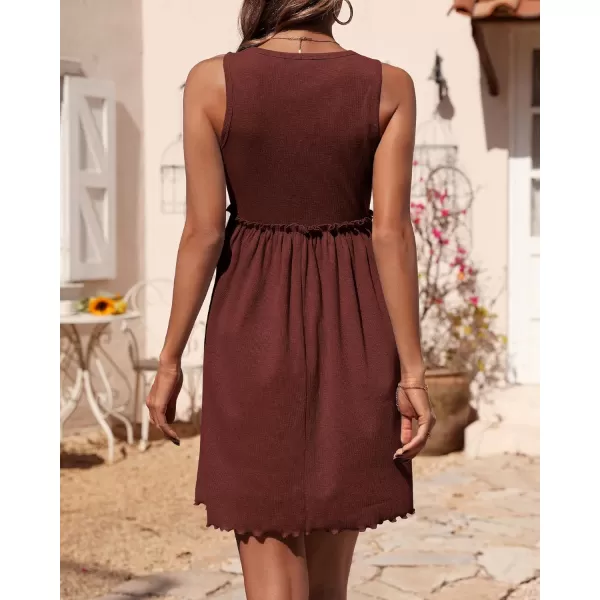 BTFBM Women Sleeveless Summer Dress 2024 Crewneck Ribbed Knit Ruffle Swing Button Down Beach Sun Mini Tank Short DressesSolid Dark Brown