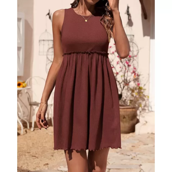 BTFBM Women Sleeveless Summer Dress 2024 Crewneck Ribbed Knit Ruffle Swing Button Down Beach Sun Mini Tank Short DressesSolid Dark Brown