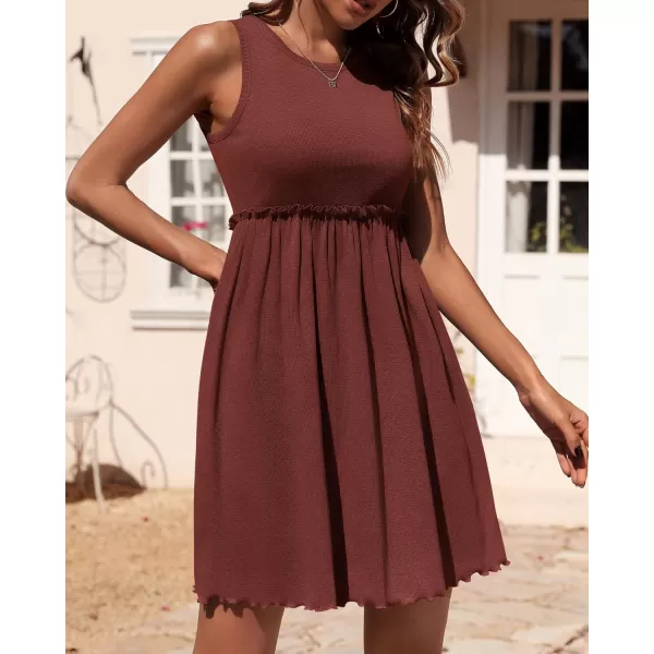 BTFBM Women Sleeveless Summer Dress 2024 Crewneck Ribbed Knit Ruffle Swing Button Down Beach Sun Mini Tank Short DressesSolid Dark Brown