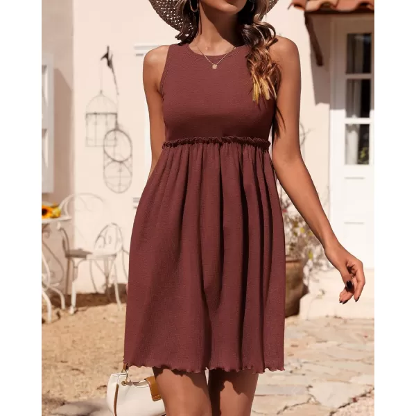 BTFBM Women Sleeveless Summer Dress 2024 Crewneck Ribbed Knit Ruffle Swing Button Down Beach Sun Mini Tank Short DressesSolid Dark Brown