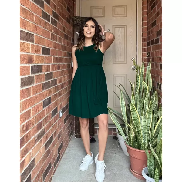 BTFBM Women Sleeveless Summer Dress 2024 Crewneck Ribbed Knit Ruffle Swing Button Down Beach Sun Mini Tank Short DressesSolid Dark Green