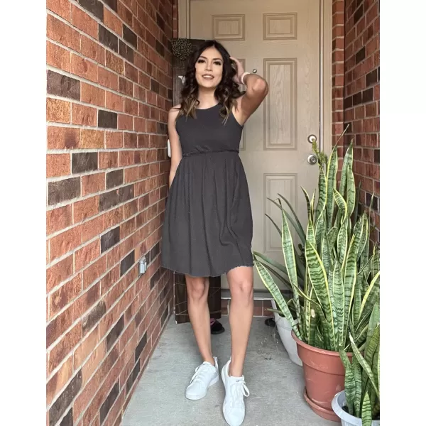 BTFBM Women Sleeveless Summer Dress 2024 Crewneck Ribbed Knit Ruffle Swing Button Down Beach Sun Mini Tank Short DressesSolid Dark Grey
