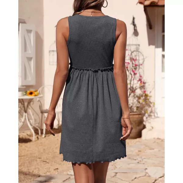 BTFBM Women Sleeveless Summer Dress 2024 Crewneck Ribbed Knit Ruffle Swing Button Down Beach Sun Mini Tank Short DressesSolid Dark Grey
