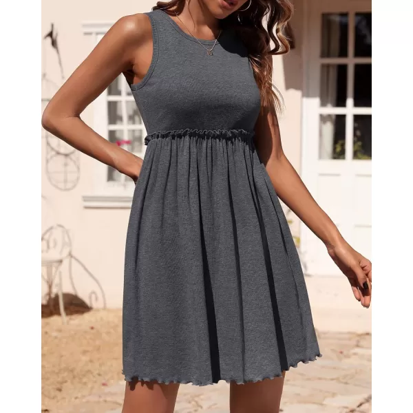 BTFBM Women Sleeveless Summer Dress 2024 Crewneck Ribbed Knit Ruffle Swing Button Down Beach Sun Mini Tank Short DressesSolid Dark Grey