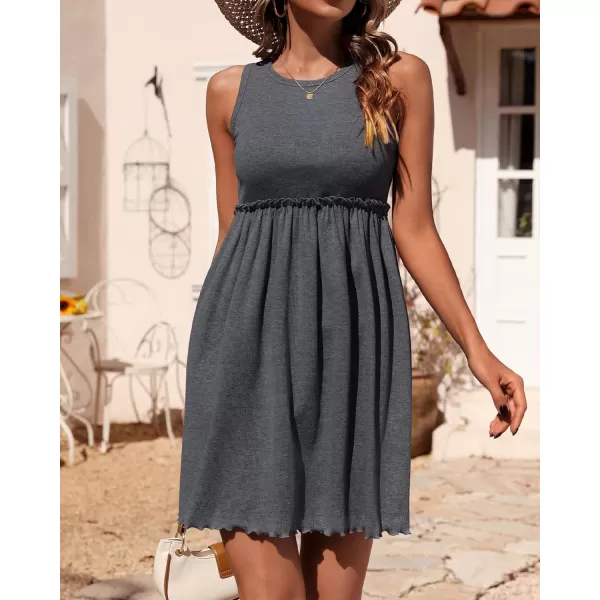 BTFBM Women Sleeveless Summer Dress 2024 Crewneck Ribbed Knit Ruffle Swing Button Down Beach Sun Mini Tank Short DressesSolid Dark Grey