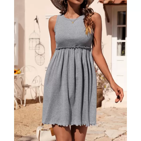 BTFBM Women Sleeveless Summer Dress 2024 Crewneck Ribbed Knit Ruffle Swing Button Down Beach Sun Mini Tank Short DressesSolid Light Grey
