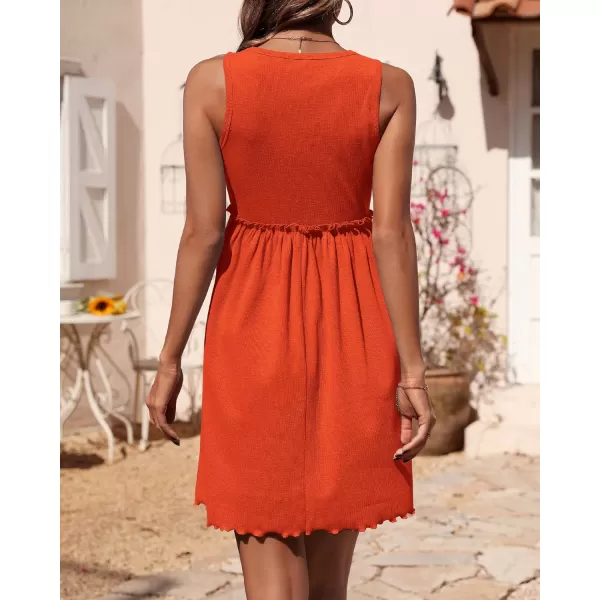 BTFBM Women Sleeveless Summer Dress 2024 Crewneck Ribbed Knit Ruffle Swing Button Down Beach Sun Mini Tank Short DressesSolid Orange