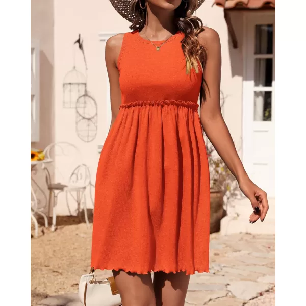 BTFBM Women Sleeveless Summer Dress 2024 Crewneck Ribbed Knit Ruffle Swing Button Down Beach Sun Mini Tank Short DressesSolid Orange