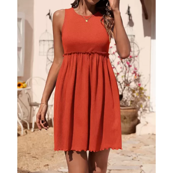 BTFBM Women Sleeveless Summer Dress 2024 Crewneck Ribbed Knit Ruffle Swing Button Down Beach Sun Mini Tank Short DressesSolid Orange Red
