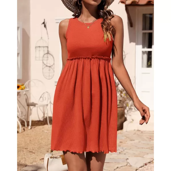 BTFBM Women Sleeveless Summer Dress 2024 Crewneck Ribbed Knit Ruffle Swing Button Down Beach Sun Mini Tank Short DressesSolid Orange Red