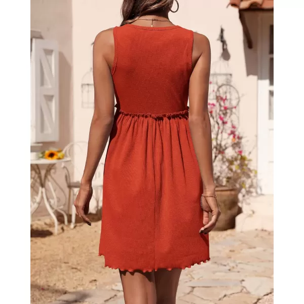 BTFBM Women Sleeveless Summer Dress 2024 Crewneck Ribbed Knit Ruffle Swing Button Down Beach Sun Mini Tank Short DressesSolid Orange Red