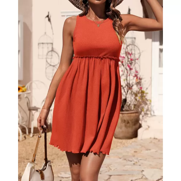 BTFBM Women Sleeveless Summer Dress 2024 Crewneck Ribbed Knit Ruffle Swing Button Down Beach Sun Mini Tank Short DressesSolid Orange Red