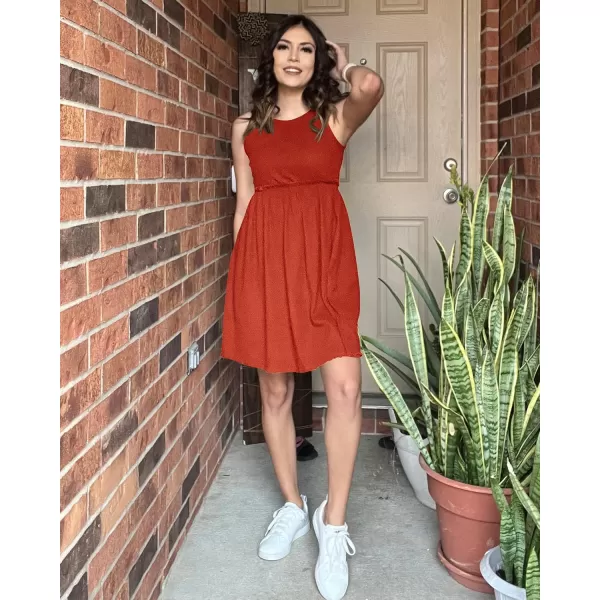 BTFBM Women Sleeveless Summer Dress 2024 Crewneck Ribbed Knit Ruffle Swing Button Down Beach Sun Mini Tank Short DressesSolid Orange Red