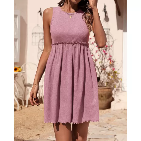 BTFBM Women Sleeveless Summer Dress 2024 Crewneck Ribbed Knit Ruffle Swing Button Down Beach Sun Mini Tank Short DressesSolid Pink