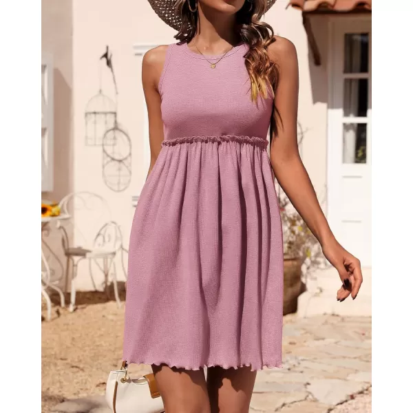 BTFBM Women Sleeveless Summer Dress 2024 Crewneck Ribbed Knit Ruffle Swing Button Down Beach Sun Mini Tank Short DressesSolid Pink