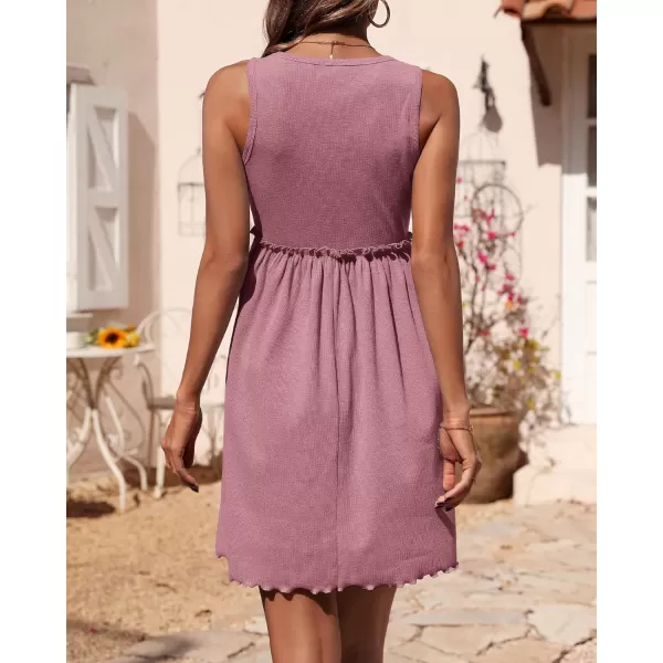 BTFBM Women Sleeveless Summer Dress 2024 Crewneck Ribbed Knit Ruffle Swing Button Down Beach Sun Mini Tank Short DressesSolid Pink