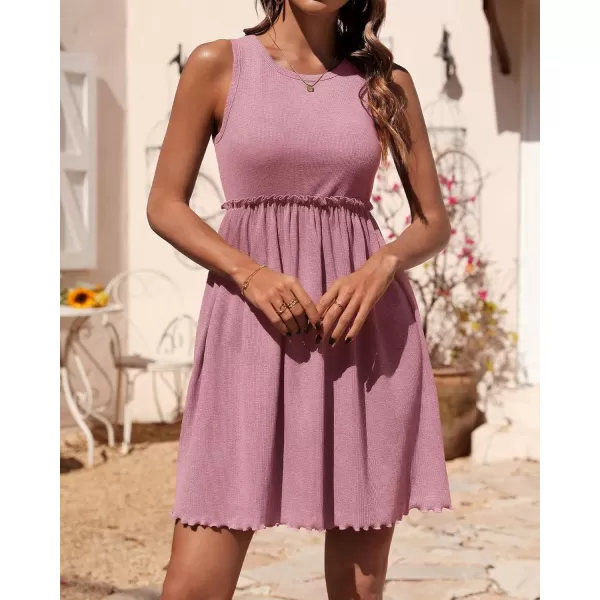 BTFBM Women Sleeveless Summer Dress 2024 Crewneck Ribbed Knit Ruffle Swing Button Down Beach Sun Mini Tank Short DressesSolid Pink