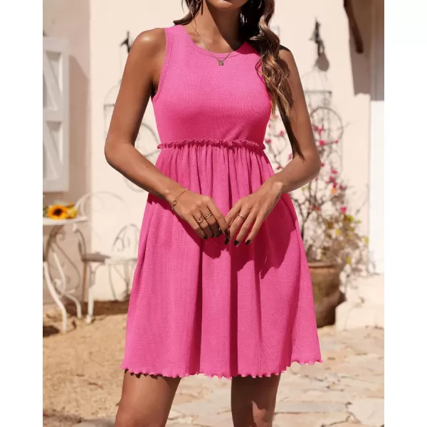 BTFBM Women Sleeveless Summer Dress 2024 Crewneck Ribbed Knit Ruffle Swing Button Down Beach Sun Mini Tank Short DressesSolid Rose Pink