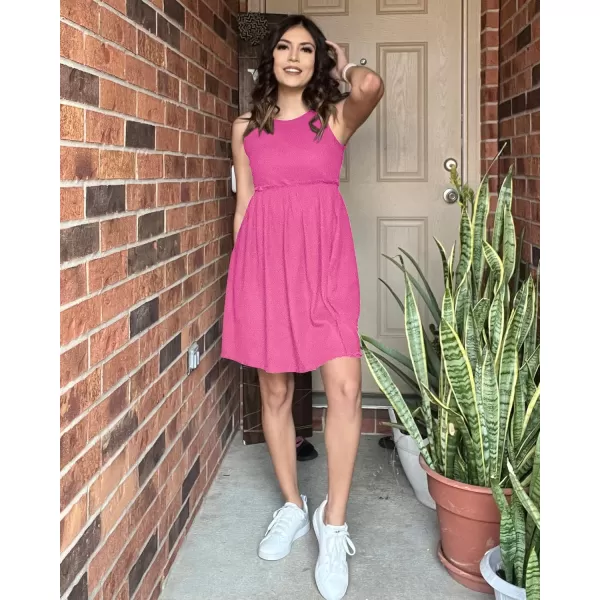 BTFBM Women Sleeveless Summer Dress 2024 Crewneck Ribbed Knit Ruffle Swing Button Down Beach Sun Mini Tank Short DressesSolid Rose Pink