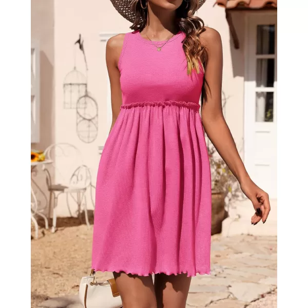 BTFBM Women Sleeveless Summer Dress 2024 Crewneck Ribbed Knit Ruffle Swing Button Down Beach Sun Mini Tank Short DressesSolid Rose Pink