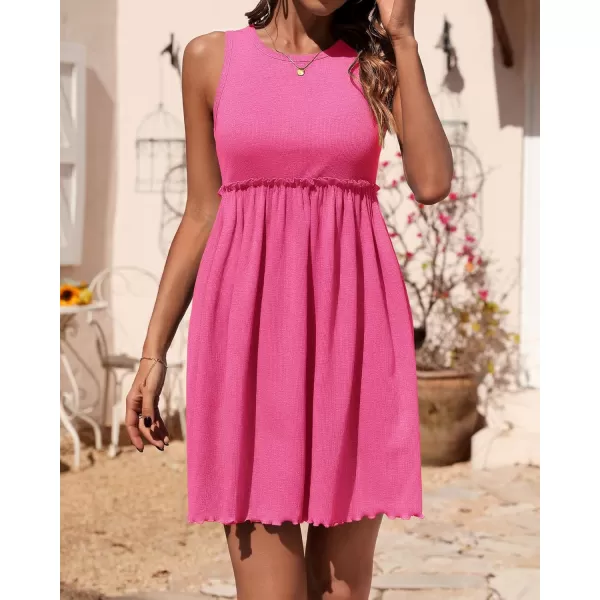 BTFBM Women Sleeveless Summer Dress 2024 Crewneck Ribbed Knit Ruffle Swing Button Down Beach Sun Mini Tank Short DressesSolid Rose Pink