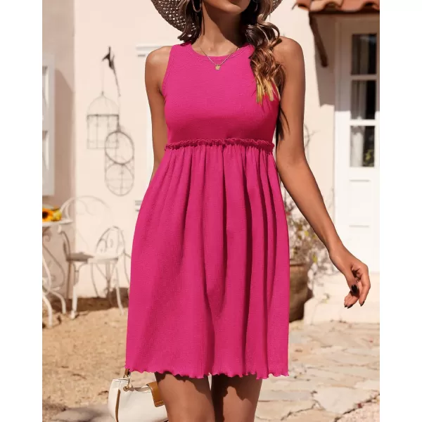 BTFBM Women Sleeveless Summer Dress 2024 Crewneck Ribbed Knit Ruffle Swing Button Down Beach Sun Mini Tank Short DressesSolid Rose Red