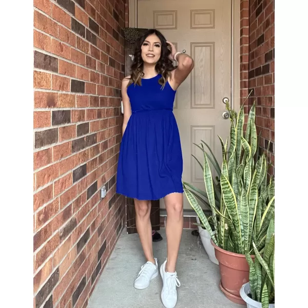 BTFBM Women Sleeveless Summer Dress 2024 Crewneck Ribbed Knit Ruffle Swing Button Down Beach Sun Mini Tank Short DressesSolid Royal Blue