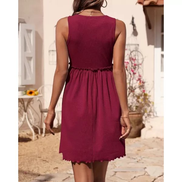 BTFBM Women Sleeveless Summer Dress 2024 Crewneck Ribbed Knit Ruffle Swing Button Down Beach Sun Mini Tank Short DressesSolid Wine Red