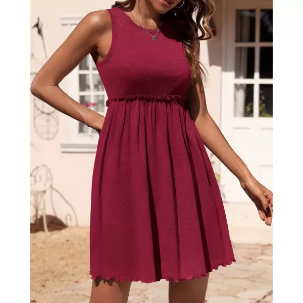 BTFBM Women Sleeveless Summer Dress 2024 Crewneck Ribbed Knit Ruffle Swing Button Down Beach Sun Mini Tank Short DressesSolid Wine Red