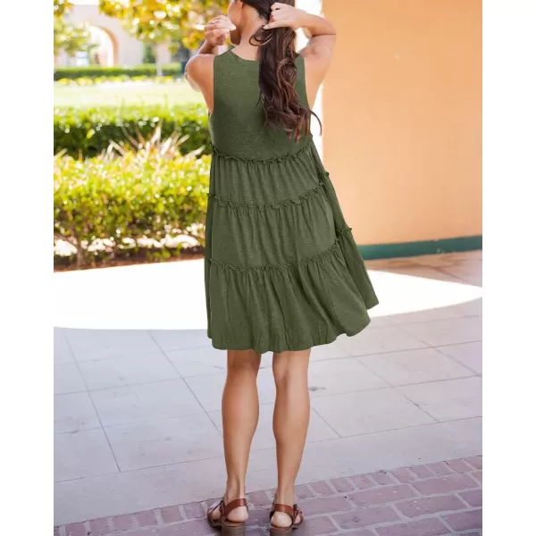 BTFBM Women Sleeveless Summer Dress 2024 Crewneck Ribbed Knit Ruffle Swing Button Down Beach Sun Mini Tank Short DressesTiered Army Green