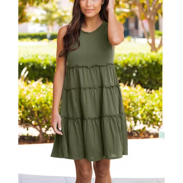 BTFBM Women Sleeveless Summer Dress 2024 Crewneck Ribbed Knit Ruffle Swing Button Down Beach Sun Mini Tank Short DressesTiered Army Green