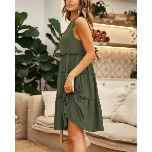 BTFBM Women Sleeveless Summer Dress 2024 Crewneck Ribbed Knit Ruffle Swing Button Down Beach Sun Mini Tank Short DressesTiered Army Green