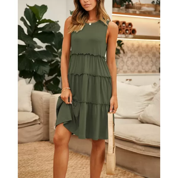 BTFBM Women Sleeveless Summer Dress 2024 Crewneck Ribbed Knit Ruffle Swing Button Down Beach Sun Mini Tank Short DressesTiered Army Green