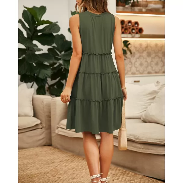 BTFBM Women Sleeveless Summer Dress 2024 Crewneck Ribbed Knit Ruffle Swing Button Down Beach Sun Mini Tank Short DressesTiered Army Green