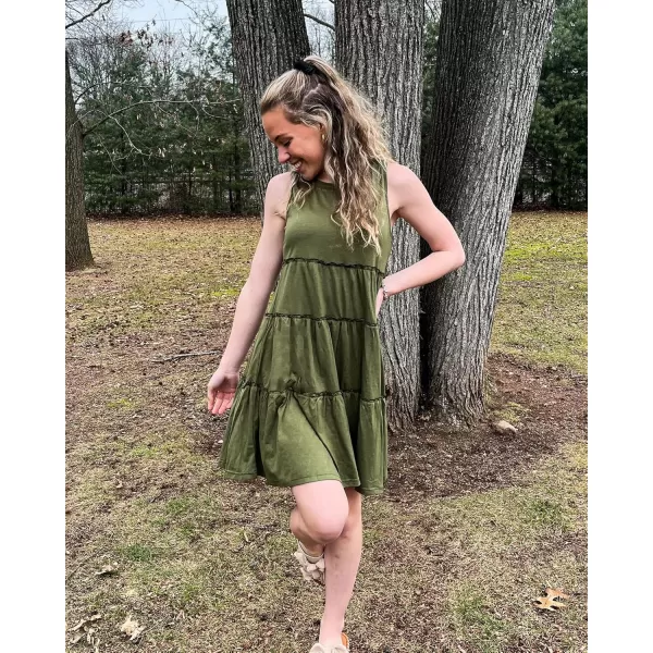 BTFBM Women Sleeveless Summer Dress 2024 Crewneck Ribbed Knit Ruffle Swing Button Down Beach Sun Mini Tank Short DressesTiered Army Green