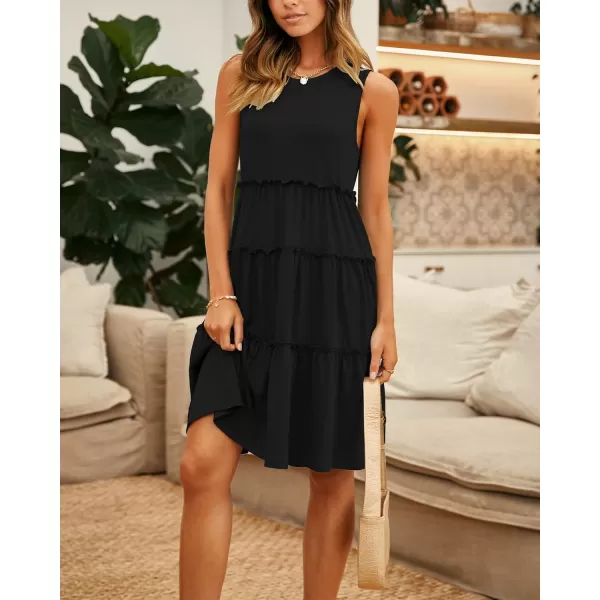 BTFBM Women Sleeveless Summer Dress 2024 Crewneck Ribbed Knit Ruffle Swing Button Down Beach Sun Mini Tank Short DressesTiered Black